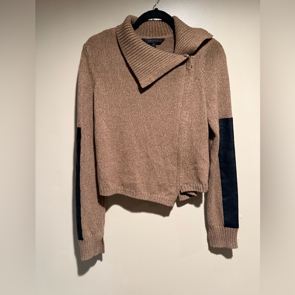 BCBGMaxAzria Tan Sweater Jacket with Black Elbow Patches